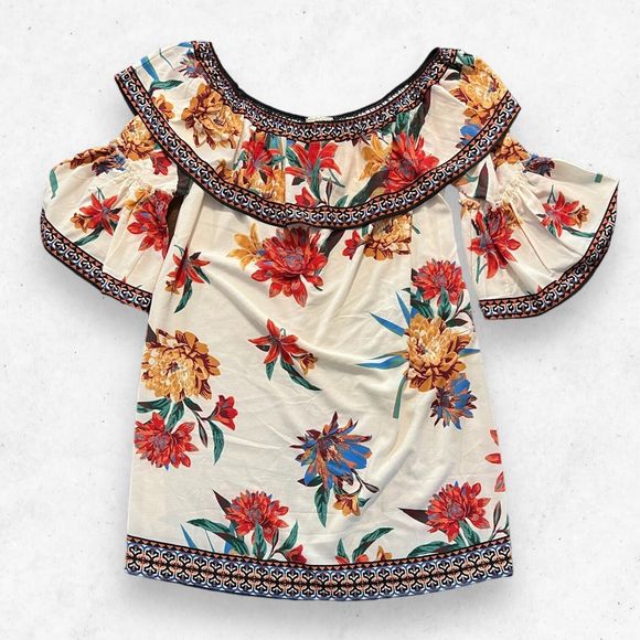Flying Tomato Dress Womens L Off The Shoulder Floral Bell Sleeve Blouson Ruffled - Picture 2 of 5